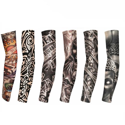 Tattoo Sleeves for Men Women Sun Protection UV Compression Arm Sleeves Breathable Skin Cover for Outdoor Sports - color: A-6pcs Multi Color Sleeves