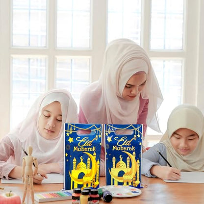 Whaline 50 Pcs Eid Mubarak Party Favor Bags Ramadan Treat Bags with Handles Blue Gold Plastic Candy Goodie Bags for Islamic Muslim Party Favors Supplies