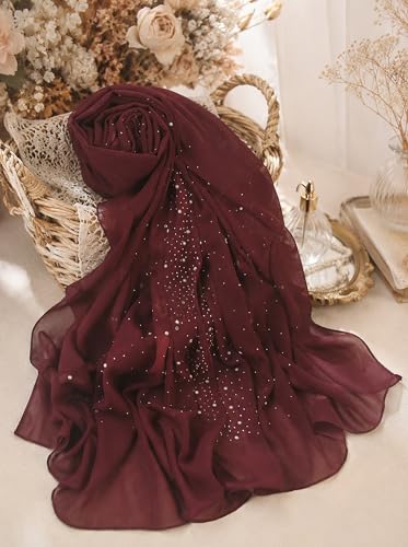 Chiffon Hijab Scarf for Women, Rhinestone Pearl Muslim Head Scarf, Lightweight Shawl Wrap - color: Purplish-red