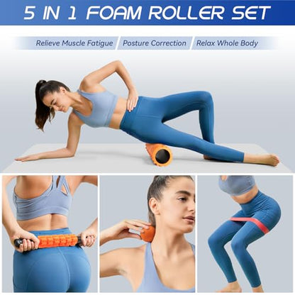 Krightlink 5-in-1 Foam Roller Set, Massage Roller Stick, Massage Ball, Resistance Band for Deep Muscle Massage, Trigger Point Release, Pilates, Yoga (Orange-18(5 in 1)) - color: Orange-18"(5 in 1)