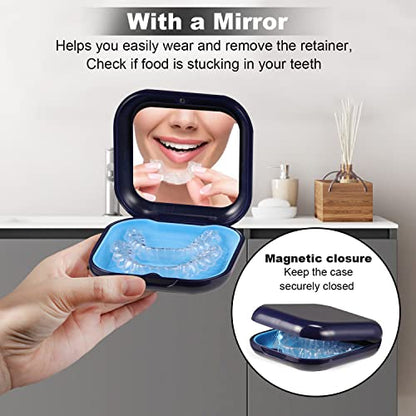 Retainer Case, Slim Aligner Case with Mirror, Compatible with Invisalign, Night Guard and Mouth Guard, Premium Retainer Case, With Aligner Remover Tool, Chew & Brush, Blue - color: Square: Blue