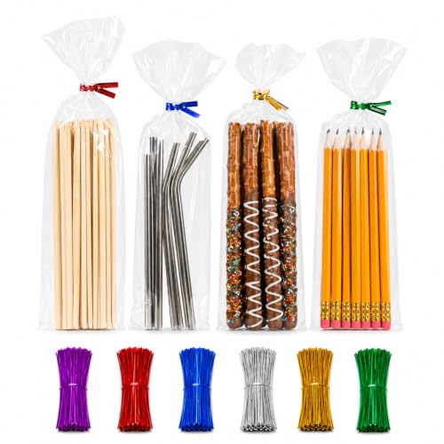 200 Clear Narrow Cello Bags 2'' x 10'' (5.1 x 25.5cm) with Twist Ties 6 Mix Colors - 1.4 Mil Thick OPP Bags for Pretzel Rods, Candy Sticks, Taper Candles, Slim Treats and Party Favors - size: 2'' x 10''
