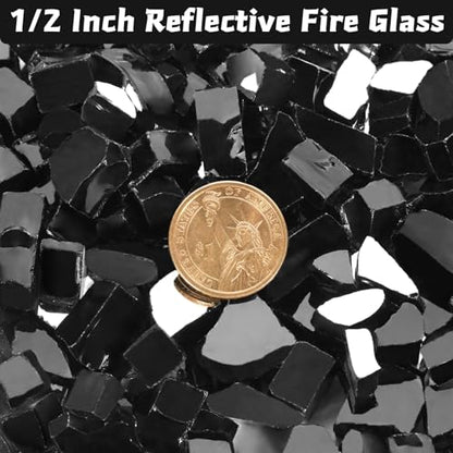 Fire Glass 20lbs, 1/2 Inch Black Reflective Fire Pit Rocks | Glass Rocks for Fire Pit Table, Fireplace Rocks, High Luster and Heat Resisitant - color: Black, 1/2 Inch, size: 20 Pounds