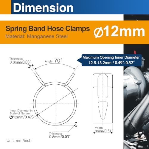 12mm (0.47") Spring Band Hose Clamps, 20 Pack Medium Hose Clamps for 11-12.5mm OD Fuel Line, Radiator Hose, Large Water Tube & Automotive - size: 12mm