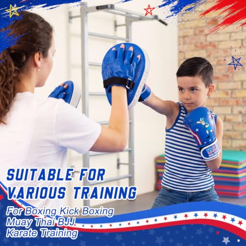 Boxing Gloves and Punching Mitts Set 4oz Gloves Boxing Pads Kids Youth Sparring Gear Training Equipment for Taekwondo Kick Karate Muay Thai MMA Martial Art - style: Blue Hero