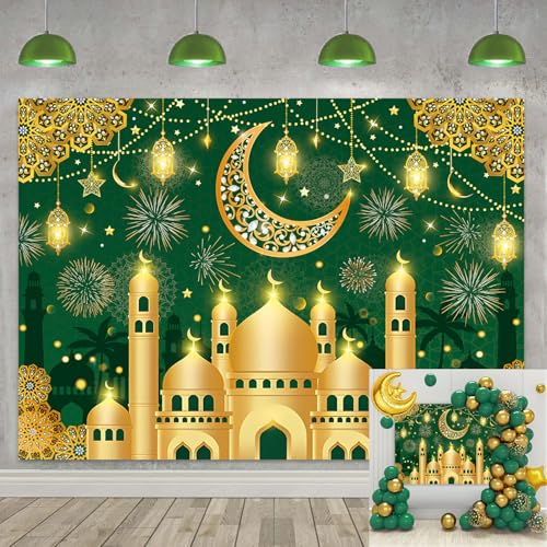 Eid Mubarak Backdrop, Muslim Ramadan Party Decorations Background Green Gold Happy Eid Mubarak Banner for Home Muslim Party Supplies (Green, 6x4FT: 72x48 inch) - color: Green, size: 6x4FT: 72x48 inch