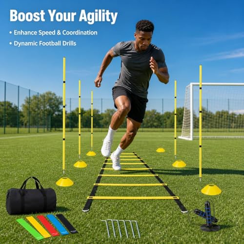 Exercise Sets for Women, 6-Piece Agility Ladder & 10 Cones, 5 Resistance Bands, Speed Rope, Ground Stakes, Carry