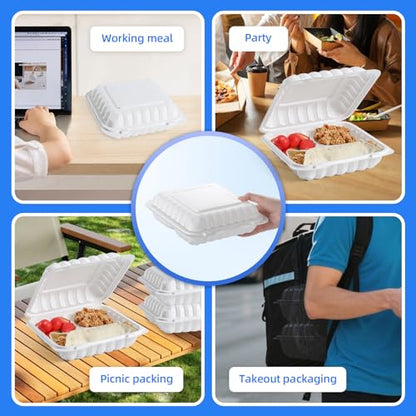 YANGRUI 100-Pack 40oz 9" 3-Compartment To Go Box Shrink Wrapped No Pre-Wash | Heavy Duty Mineral PP, Microwave Safe | Reusable Clamshell for Meal Prep, Takeout, Family Gatherings & Bulk Leftovers