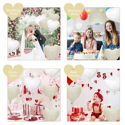 Cream White Heart Balloons, 10PCS Beige Foil for Boho Wedding Baby Shower - color: Cream White + White
