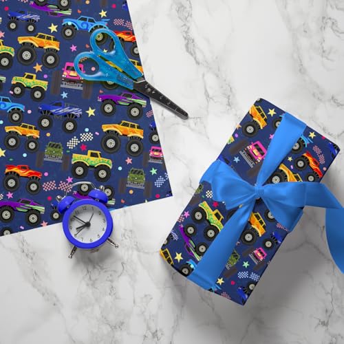 Cuitpan Monster Truck Wrapping Paper - Colorful Monster Trucks with Stars, Dots & Fun Patterns Design - Ideal for Kids & Car Enthusiasts Gift Wrapping - 40×28 Inches, 4 Folded Sheets - color: Blue-Monster Trucks