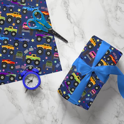 Cuitpan Monster Truck Wrapping Paper - Colorful Monster Trucks with Stars, Dots & Fun Patterns Design - Ideal for Kids & Car Enthusiasts Gift Wrapping - 40×28 Inches, 4 Folded Sheets - color: Blue-Monster Trucks