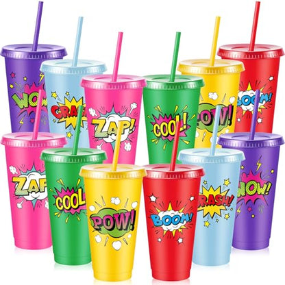 Chuangdi 12 Pcs Hero Cups 24 oz Plastic Reusable Tumblers with Lids and Straws Themed Drinking Cups for Birthday Decorations Party Favors Supplies Gifts - style: Hero