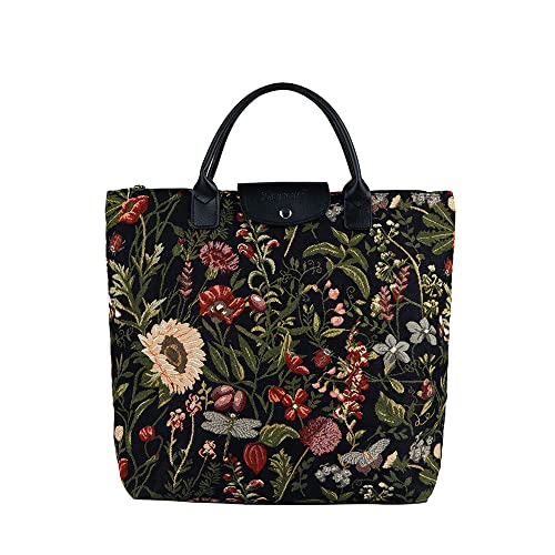 Signare Tapestry Foldable Tote Bag Reusable Shopping Bag Grocery Bag - color: Morning Garden Black