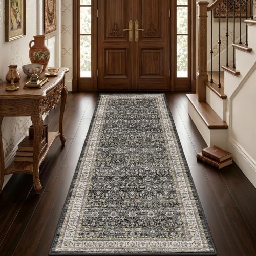 Charcoal Black Farmhouse Washable Runner Rug 2x6, Upgraded Non-Slip Area Rugs for Kitchen Hallway Bedroom Vintage Distressed Floral Low Pile Carpet for Laundry, Entryway Bathroom, Charcoal Black Ivory - color: Charcoal Black/Ivory, size: 2' x 6' (Runner)