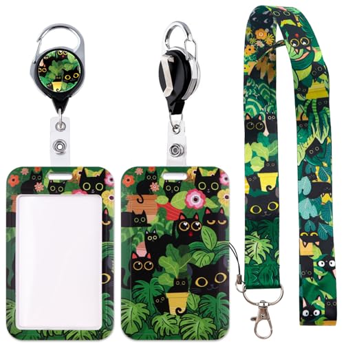 Green Cat Retractable Lanyard with Badge Holder, Plastic Lanyard Card Holder with Name Tag Clip, Cute Forest Cat with Keychain for Kids Women Teacher - style: ForestCat