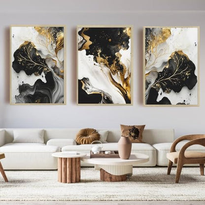 Black and Gold Leaf Wall Art - Abstract Painting With Grey and White - Modern Luxury Poster - 16x24 Inch - color: Black