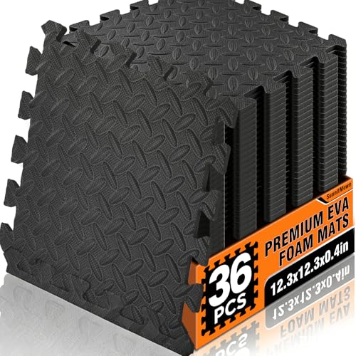 36 Tiles EVA Puzzle Exercise Floor Mats Set, Interlocking Foam Gym Tiles | 12.6"x12.6"x0.4", Water-Resistant Flooring for Home Gym, Workout Equipment, Kids' Play Areas, Garage Playroom - Black