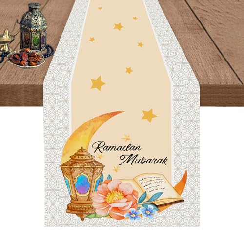 Eid Mubarak Ramadan Table Runner 13x72 Inch, Moon and Stars Flower and Gold Linen Table Runner, Ramadan Mubarak Table Runner for Dining Table, Dresser & Home Decorations - color: Star Moon Lantern Flower Ramadan Table Runners