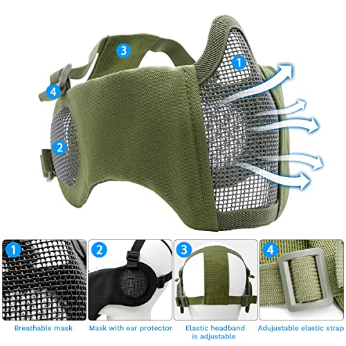 Airsoft Mask with Goggles, Foldable Half Face Airsoft Mesh Mask with Ear Protection for Paintball Shooting Cosplay CS Game - color: ArmyGreen-3pcs, size: 3pcs