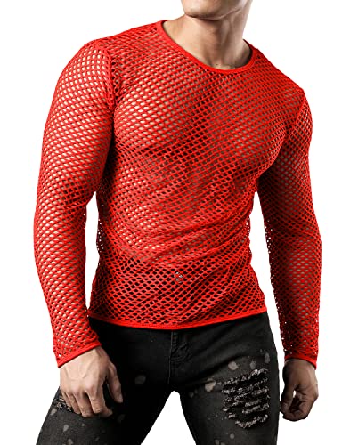 JOGAL Mens Fishnet Mesh Long Sleeve Shirt Fitted Muscle Top - color: Red, size: XX-Large