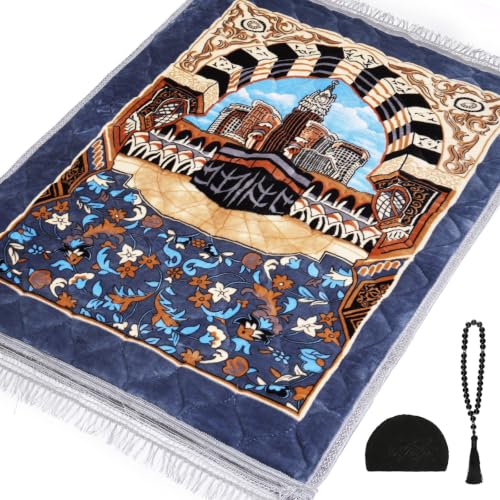 Muslim Prayer Rug with Tasbih Prayer Beads & Kufi Hat, Padded Very Thick Prayer Rug Sajadah for Men and Women (Gray3) - color: Gray3