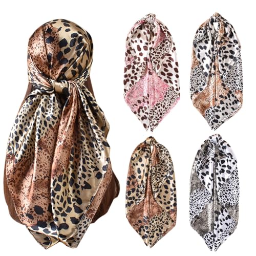 4Pcs Silk Head Scarves for Women Satin Hair Scarf 35”Large Square Bandana Silk Like Neck Scarf Shawl - color: Black/Pink/Grey/Brown