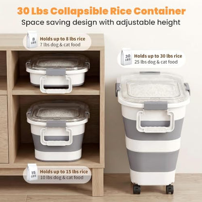 30 Lbs Rice Storage Container with Wheels, Collapsible Airtight Dog Food Storage Container with Transparent Lid, Measuring Cup, Scoop, Handle, BPA Free Rice Holder for Pet Food, Grain, Bird Seed - color: Grey/25-30lbs