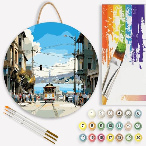 San Francisco Paint by Numbers Kit for Adults on Wood Board – DIY City Cable Car and Bay Bridge Wood Craft Painting Kit, 12 in Round, Acrylic Paint Set, Beginner-Friendly, Relaxing Home Decor Gift - color: FM05601