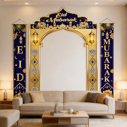 3 IN 1 Eid Mubarak Banner Decorations, Islamic Mosque Archway Backdrop with Eid Mubarak Hanging Banners, Ramadan Eid Decor for Home Door Wall Indoor Outdoor
