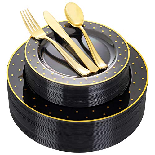 DaYammi 200Pcs Gold and Black Plastic Plates with Silverware,Black Disposable Plates for Party Black Gold Supplies Includes 40 Dinner Plate,40 Dessert Plate,40 Forks,40 Knives,40 Spoons for Party - color: Gold Dots