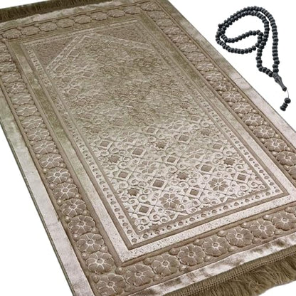 Modefa Velvet Prayer Rug with Prayer Beads Turkish Janamaz Sajadah Floral Stamp Luxury Plush (Mink) - color: Mink