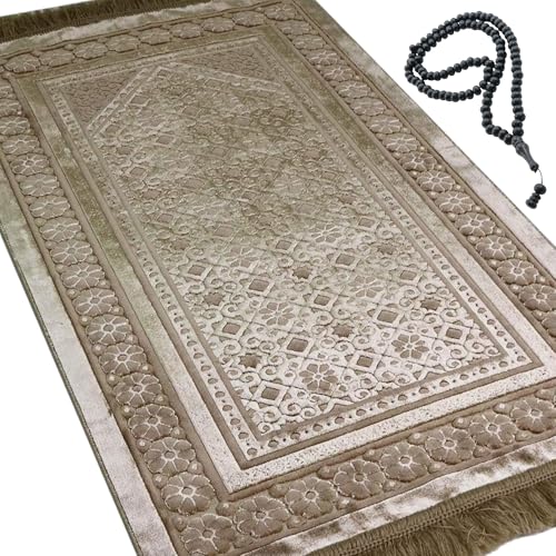 Modefa Velvet Prayer Rug with Prayer Beads Turkish Janamaz Sajadah Floral Stamp Luxury Plush (Mink) - color: Mink