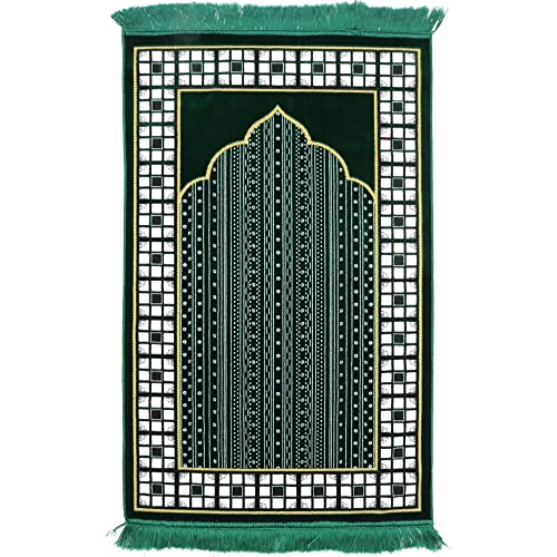 Modefa Prayer Mat - Thin Lightweight Velvet Turkish Muslim Prayer Rug - Prayer Rug Islam Men - Islamic Prayer Rug Sajjadah Prayer Mats Namaz Mat for Salah Islamic Gift Car Hanger - Vined Arch (Green) - color: Green
