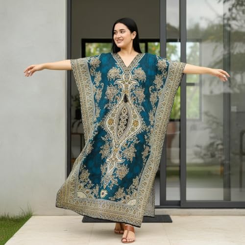 Women's Kaftan Dress – Loose Fit Maxi Gown – Kimono Style Beach Cover Up – Elegant Resort Wear and Nightwear - color: Teal Blue