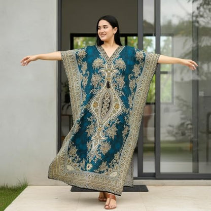 Women's Kaftan Dress – Loose Fit Maxi Gown – Kimono Style Beach Cover Up – Elegant Resort Wear and Nightwear - color: Teal Blue