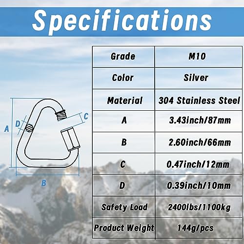 Anvin 2 Pack Large Quick Links M10 3.5Inch Heavy Duty Carabiner Stainless Steel Chain Links Connector Triangle Locking Chain Hooks Screw Links for Camping Outdoor Equipment Hammocks, 2400 Lbs Capacity - style: Triangle, 3.5 Inch, 2 Pack