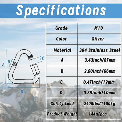Anvin 2 Pack Large Quick Links M10 3.5Inch Heavy Duty Carabiner Stainless Steel Chain Links Connector Triangle Locking Chain Hooks Screw Links for Camping Outdoor Equipment Hammocks, 2400 Lbs Capacity - style: Triangle, 3.5 Inch, 2 Pack
