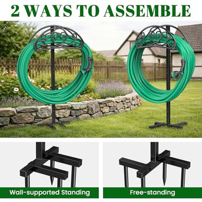 Sunvigor Garden Hose Holder, Heavy Duty Metal Hose Stand with 4 Spikes, Holds Up to 150FT Hose, No Drill Freestanding Hose Reel Alternative for Yard Lawn Outdoor - color: Black-vine Style