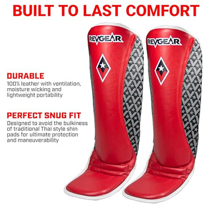 Revgear Superlite Light Weight Leather Shin Guards | for Martial Arts/MMA - color: Red, size: X-Large