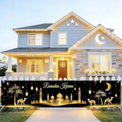 BlissYard Ramadan Decorations Banner Eid Mubarak Kareem Islamic Decor Long Mosque Moon Star Home Party Backdrop Reusable Polyester Wall Hanging 78x17 Inch Muslim Holiday Display