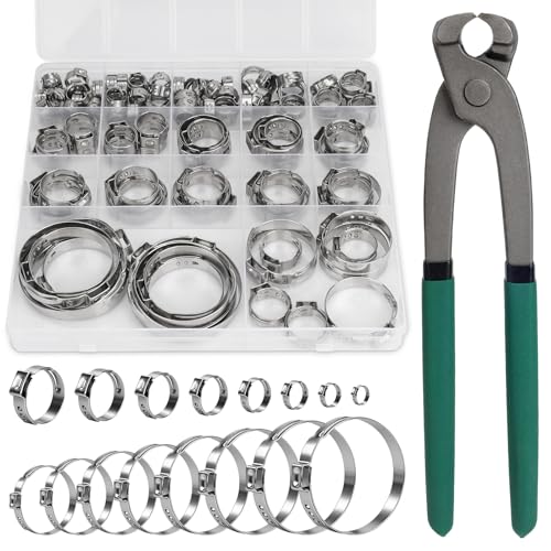 117PCS Sieqioor 16 Sizes Single Ear Clamp Kit,304SS 5.3-48.5mm, With Pincer | 304 Stainless Steel Single Ear Hose Clamp, Stepless Hose Clamps Cinch Rings for Automotive, Home Appliance Line and Plumbing - size: 117pcs+1pcs Pincer