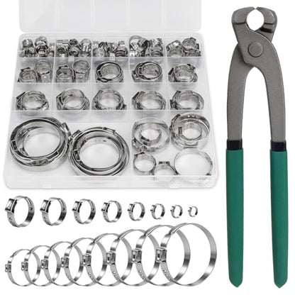 117PCS Sieqioor 16 Sizes Single Ear Clamp Kit,304SS 5.3-48.5mm, With Pincer | 304 Stainless Steel Single Ear Hose Clamp, Stepless Hose Clamps Cinch Rings for Automotive, Home Appliance Line and Plumbing - size: 117pcs+1pcs Pincer