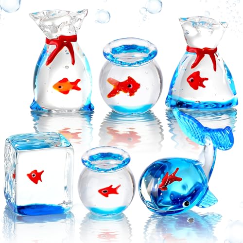 Novabright 6 Pcs Miniature Glass Fish Tank Figurine Tiny Goldfish in a Bag Mini Decorative Aquarium Ornament for Dollhouse Miniature DIY Seaworld Ocean Lover Gift (Goldfish) - color: Goldfish