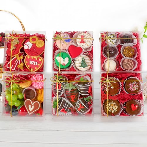 RomanticBaking 15PCS 5x5x2 Inches Full Clear Chocolate Covered Strawberries Boxes Cookies Boxes Mini Bundt Cake Pie Cinnamon Roll Treat Boxes Chocolate Truffle Box Party Wedding Favor - size: 5"X5X2"
