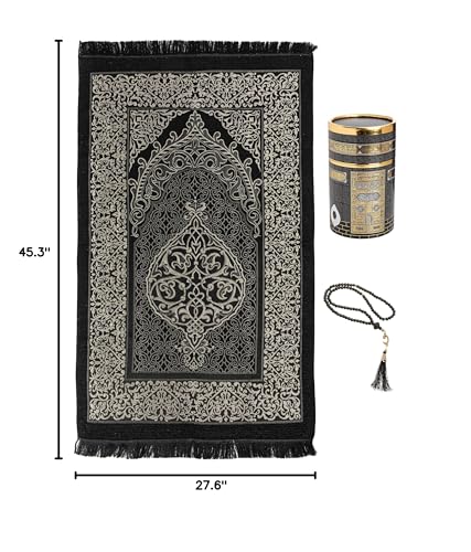 Modefa Islamic Gifts Prayer Mat | Thin Woven Praying Mat Muslim Prayer Rug | Muslim Gifts for Men Ramadan Gifts with Tesbih Prayer Beads | Ottoman Rug with Cylinder Gift Box Set (Black with Box) - color: Black #2
