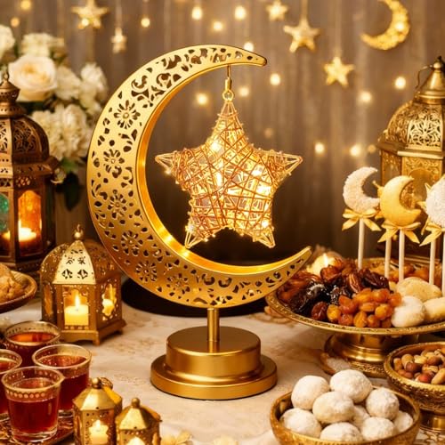 Glooglitter 2 Pcs Moon Crescent Ramadan Table Lamp Decorations Battery Operated Ramadan Lights Eid Mubarak Moon Decorations Gold Crescent Lamp Nightlights Eid Gifts for Home, Bedroom, Living Room