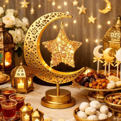 Glooglitter 2 Pcs Moon Crescent Ramadan Table Lamp Decorations Battery Operated Ramadan Lights Eid Mubarak Moon Decorations Gold Crescent Lamp Nightlights Eid Gifts for Home, Bedroom, Living Room