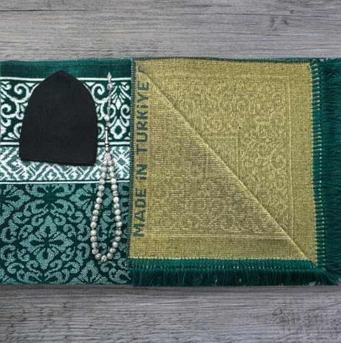 ESERRA Velvet Prayer Mat All in One Set for Islam - Thick Muslim Prayer Rug, Black Kufi Hat, Jasper Stone 33 Prayer Beads, Cotton Travel Case - Islamic Gifts (Green) - color: Green
