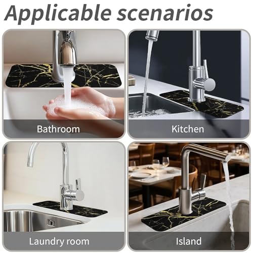 Kitchen Sink Splash Guard，Black gold marble-1 Faucet Mat Sink Gadgets-Super Absorbent Fast Drying Mat Drip Catcher for Kitchen, Bathroom,Sink Mat, Dish Drying Mat, Bathroom(15" X 5.5" ) - color: Black gold marble-1