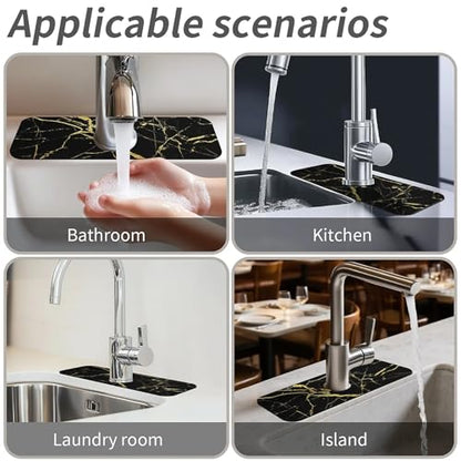 Kitchen Sink Splash Guard，Black gold marble-1 Faucet Mat Sink Gadgets-Super Absorbent Fast Drying Mat Drip Catcher for Kitchen, Bathroom,Sink Mat, Dish Drying Mat, Bathroom(15" X 5.5" ) - color: Black gold marble-1